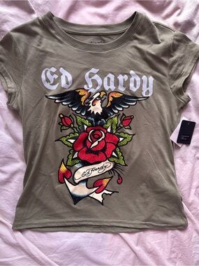Ed Hardy Y2K Tattoo Graphic Eagle Rose Baby Tee Olive Green XL